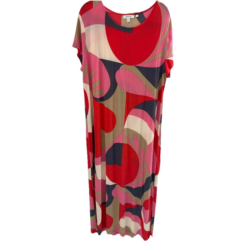 Chico's Geometric Abstract Maxi Dress 3 Acetate Blend Stretch Travel Artsy Comfy